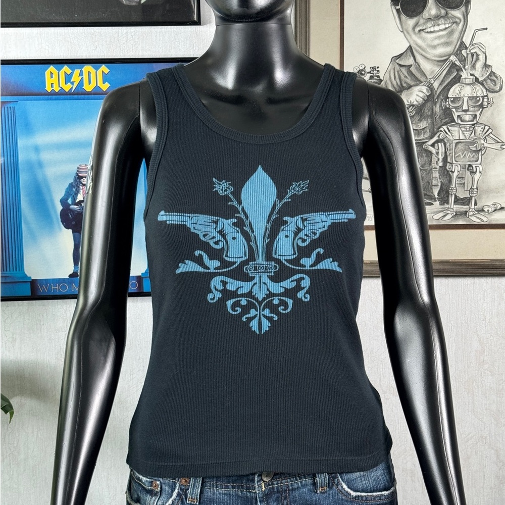 Y2K BPLN Black Tank Top w/ Blue Guns & Fleur-de-Lis Graphic Size M (Fits like S)